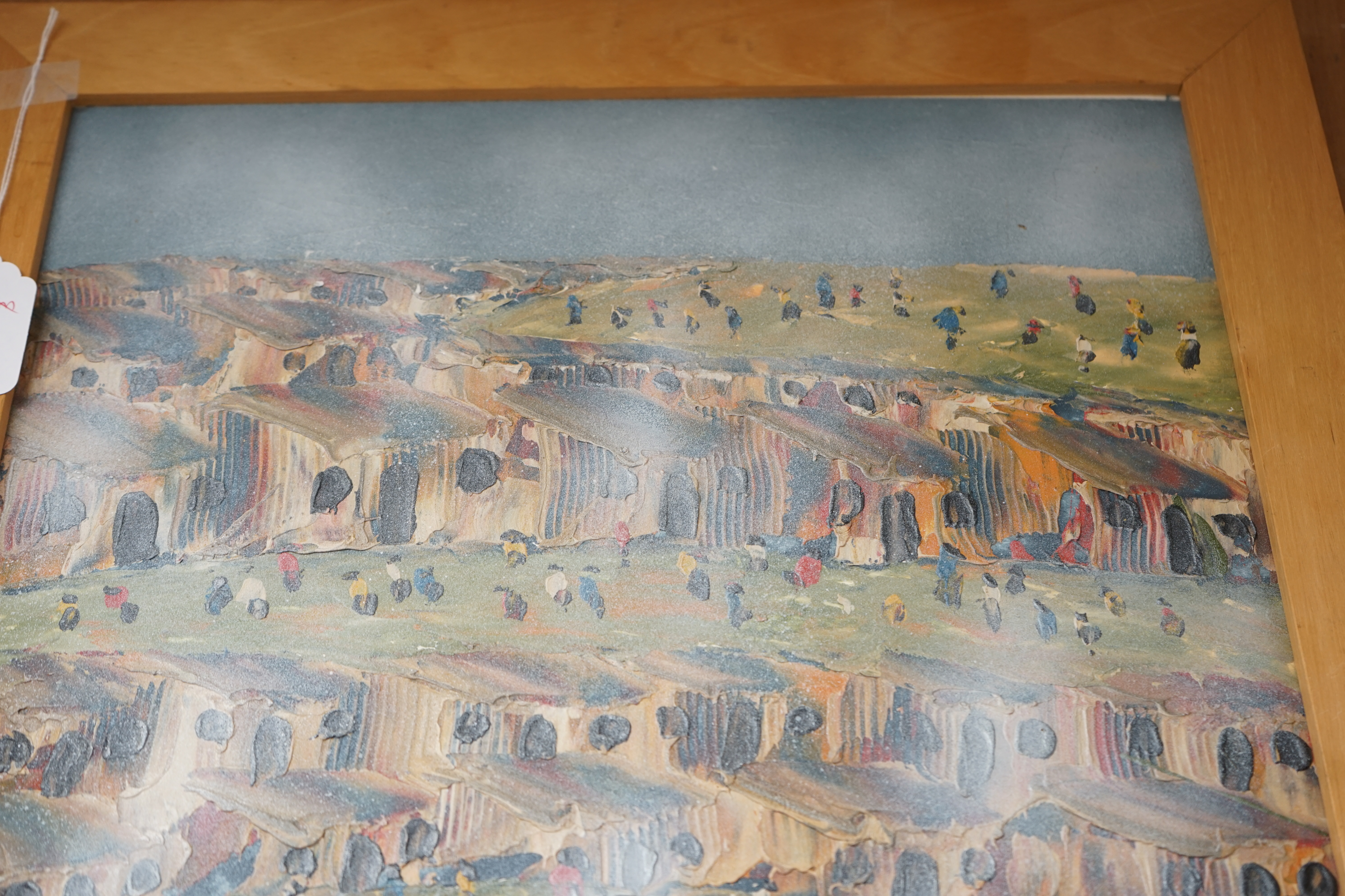 Solomon Sekhaolelo (South African, b.1937), impasto oil on board, Soweto township scene with figures, signed and dated '97, inscription verso, 59 x 40cm. Condition - good